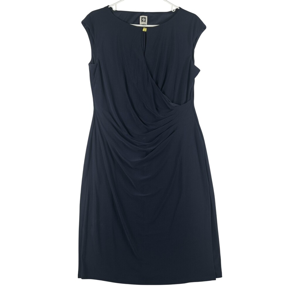 Anne Klein Dress Womens 12 Blue Ruched Jersey Sheath Wrap Office Knee Length